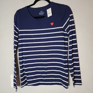 J. Crew Blue White Striped Heart Graphic Long Sleeve Tee Shirt Size Small (Flaw)